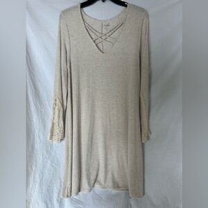 NEW Dress Women's Lace Trim Knit Cross Straps Tan NWT Sz L Alya Francesca’s